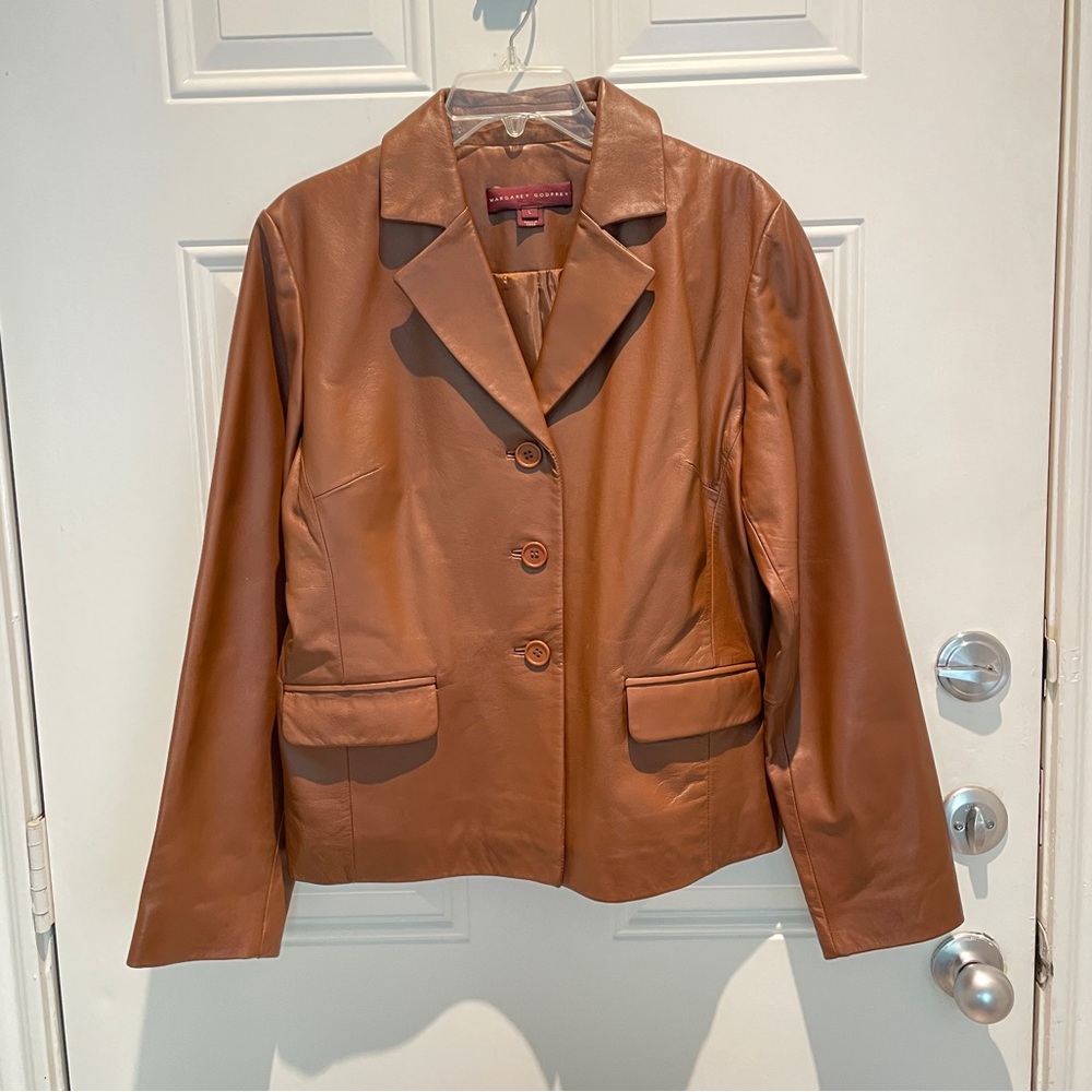 Margaret Godfrey 100% Leather Brown Blazer Jacket Size Large Vintage Tan Camel